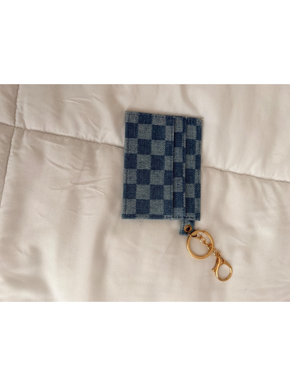 Blue Checkered Denim Card Holder with Gold Keychain